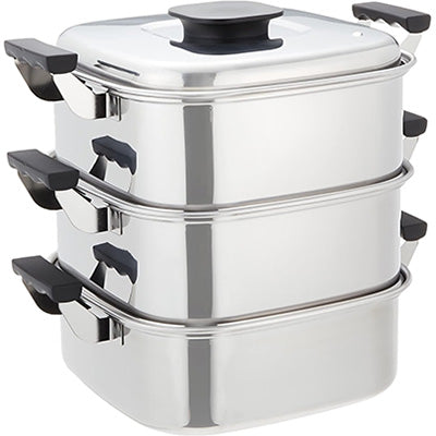 18-0ステンレス製 モモ プレス 角蒸器 3段（中子2段）桃 角型蒸し器 ステンレス蒸し器