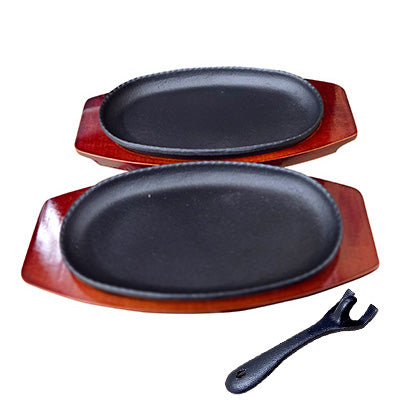 鋳鉄 マルチステーキ皿 2枚セット（ステーキ皿 木台 各２つ / ハンドル付）グリルパン プレート&nbsp; ステーキ ハンバーグ&nbsp;