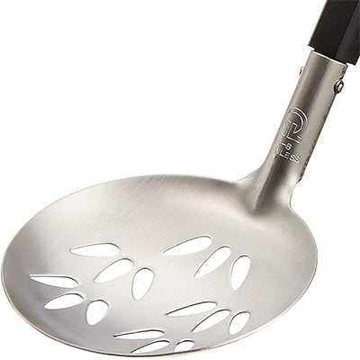 18-8ステンレス製 宴 卓上お玉 穴明 （柄 パッカーウッド）　日本製 お鍋 ガラ入れ 卓上用